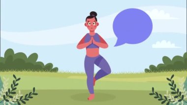 Manzara animasyonunda yoga yapan kadın, 4k video animasyonu.