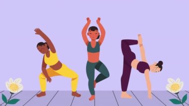 Yoga karakterleri canlandırması yapan üç kız, 4k video animasyonu.