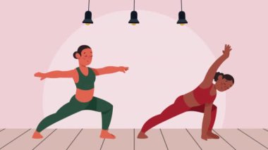 Genç kızlar yoga animasyonu yapıyor, 4k video animasyonu.