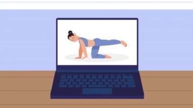 Dizüstü bilgisayar animasyonunda yoga yapan kadın, 4k video animasyonu