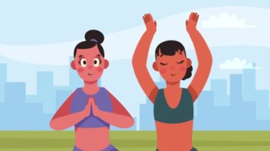 Yoga karakterleri canlandırması yapan iki kız, 4k video animasyonu.