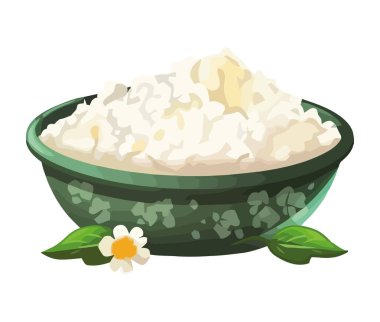 Organik bitkilerle taze pirinç kasesi ve izole edilmiş sebze ikonu.