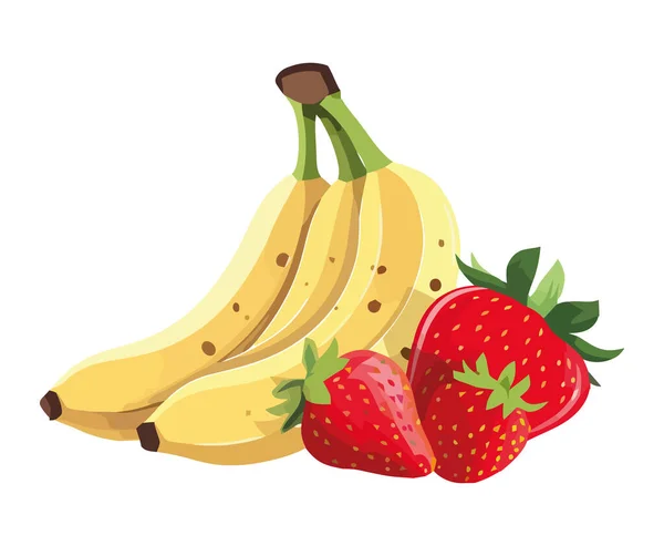 Soczyste Truskawki Banany Świeże Zdrowe Ikony Izolowane — Wektor stockowy