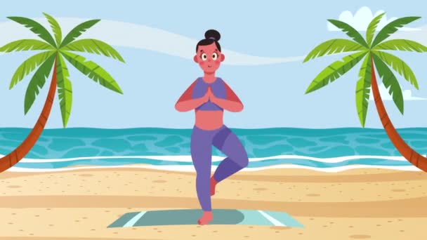 Женщина Практикует Йогу Пляже Анимации Видео Анимации — стоковое видео