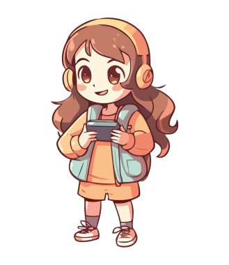 okul kızı sırt çantası ve kulaklıkla yürüyor.