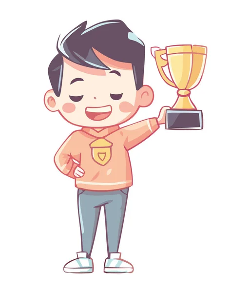 Chlapec Usmívá Trofejí Symbol Úspěchu Izolované — Stockový vektor