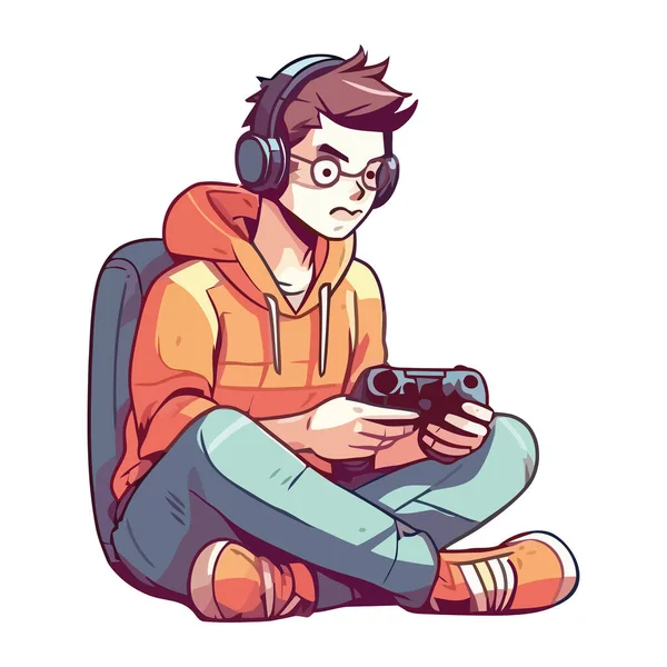 Teenager Playing Video Games Headphones Character — Stock Vector