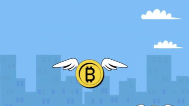 Kanatlı bitcoin uçan animasyon 4k video animasyonu
