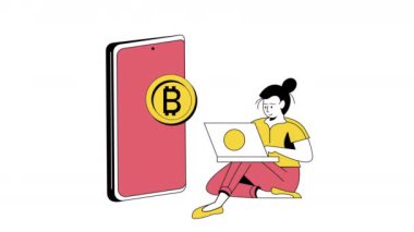 Dizüstü bilgisayar animasyonu 4k video animasyonu kullanan bir kadınla bitcoin