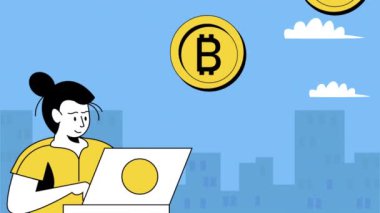 bitcoins kadın dizüstü bilgisayar animasyonu 4k video animasyonu kullanıyor