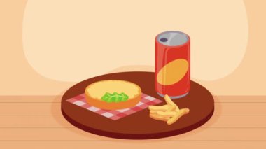 Gazoz ve patates kızartmalı hamburger 4k animasyon video animasyonu