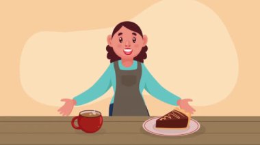 Animasyon 4k video animasyonlu kafe kadın çalışanı.