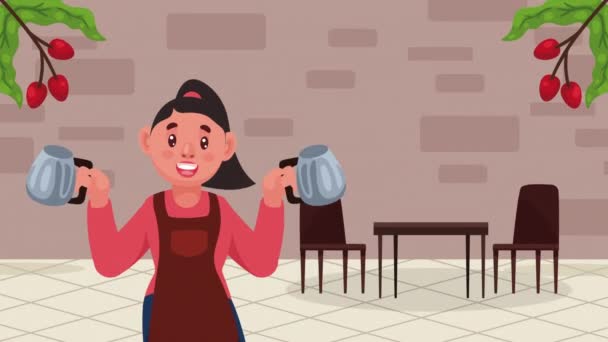 Kaffeehaus Weibliche Arbeiterin Mit Teekannen Animation Video Animiert — Stockvideo
