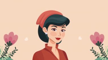 Çiçeklerle gülümseyen genç kadın animasyon 4K video animasyonu