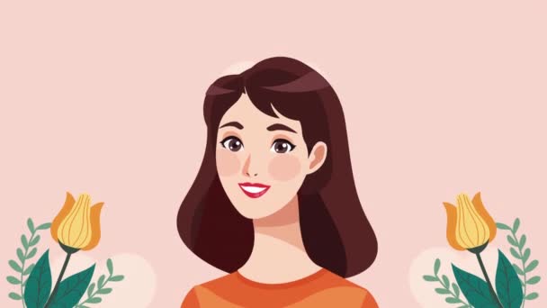 Jovem Mulher Sorrindo Com Flores Animação Vídeo Animado — Vídeo de Stock