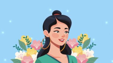 Çiçeklerle gülümseyen genç kadın animasyon 4K video animasyonu