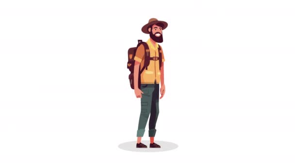 带着帽子动画4K视频动画的留胡子旅行者 — 图库视频影像