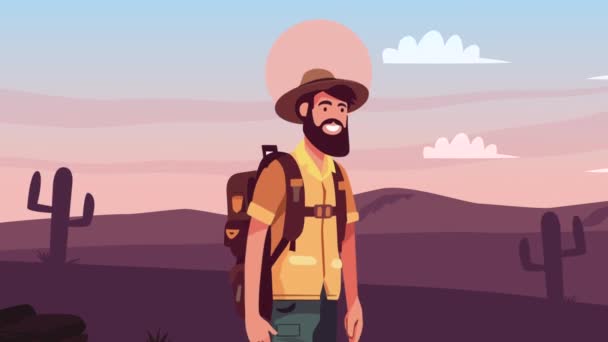 Bearded Traveler Man Hat Animation Video Animated — Stock Video