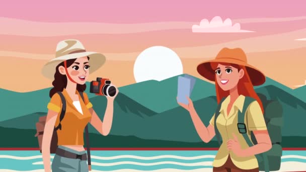Fiatal Turisták Lányok Karakterek Animáció Videó Animált — Stock videók