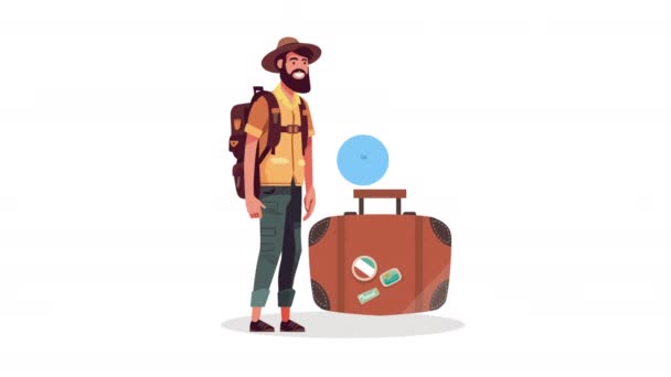 带着帽子动画4K视频动画的留胡子旅行者 — 图库视频影像