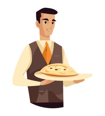 Gülümseyen işadamı soyutlanmış masaya gurme pizza getiriyor.