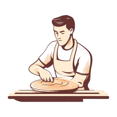 Şef, mutfakta pizza kesme tahtası tutuyor.