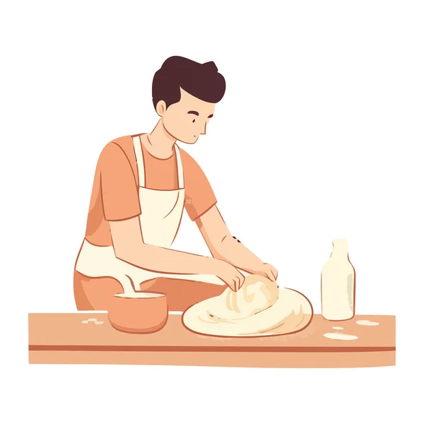 Chef Χαμογελώντας Προετοιμασία Βιολογικού Ψωμιού Στην Κουζίνα Απομονωμένο — Διανυσματικό Αρχείο