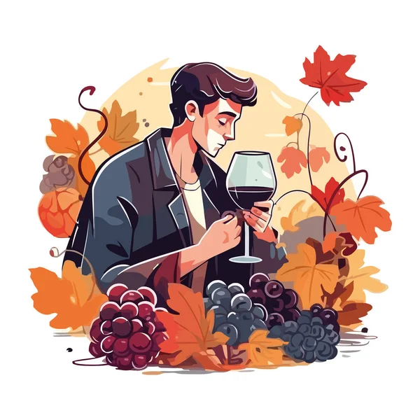 Colheita Vinha Outono Homens Com Copos Vinho Isolados —  Vetores de Stock