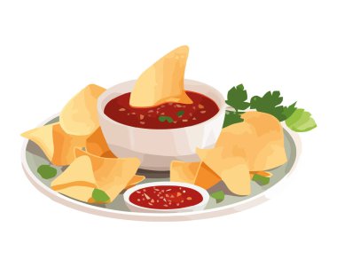 Acı sos ikonu izole edilmiş taze nachos yemeği.