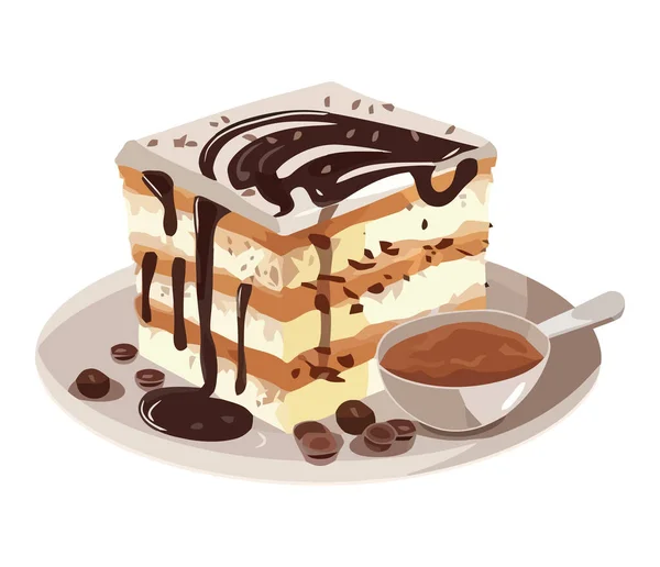 将奶油 巧克力蛋糕放在盘子图标上隔离 — 图库矢量图片