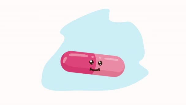 Roze Capsule Geneeskunde Kawaii Karakter Animatie Video Geanimeerd — Stockvideo