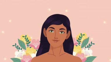 Çiçekli esmer genç kadın animasyon 4k video animasyonu