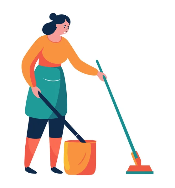 Mulher Limpeza Segurando Vassoura Esfregão Isolado — Vetor de Stock