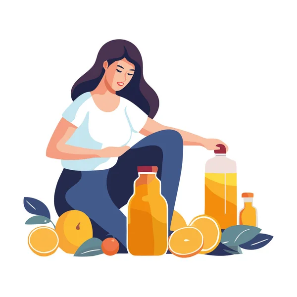 stock vector woman with orange juice bottles icon isolated