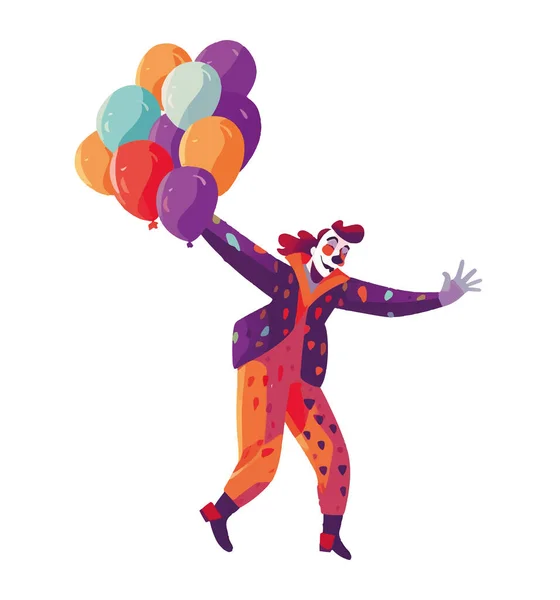Clown Souriant Tenant Des Ballons Multicolores Dans Célébration Isolé — Image vectorielle