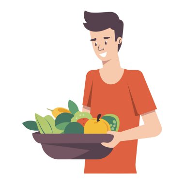 Gülümseyen çocuk taze meyve sepeti tutuyor.