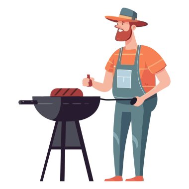 Çiftçi ızgarada et pişiriyor.