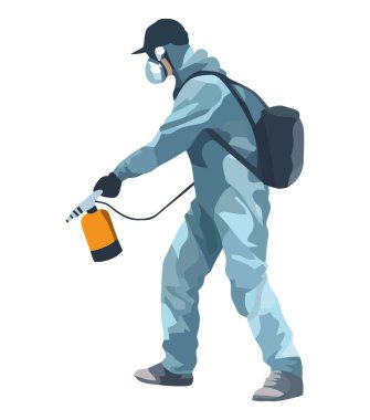 Koruyucu giysili kişi dezenfektan ikonunu izole etti