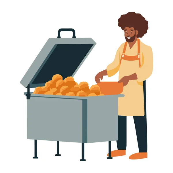 Trabalhador Preparando Frito Caráter Alimentar Isolado — Vetor de Stock