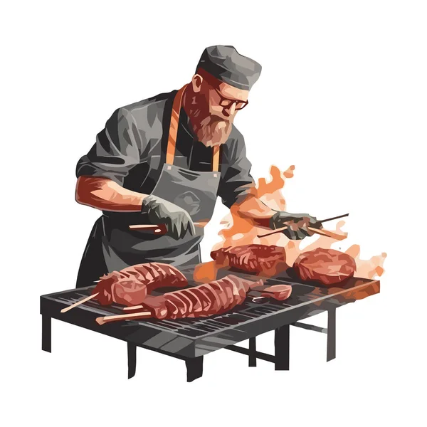 Grelhar Carne Porco Carne Vaca Chef Prepara Ícone Almoço Isolado — Vetor de Stock