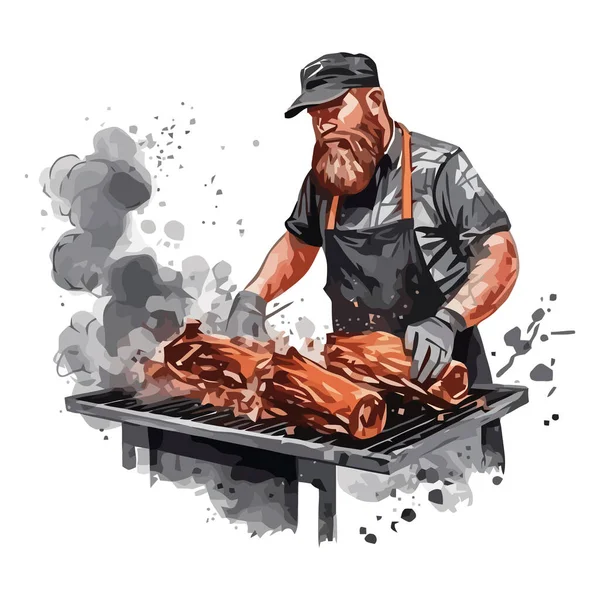 Chef Grigliate Carne Sul Barbecue Con Icona Fiamma Isolato — Vettoriale Stock