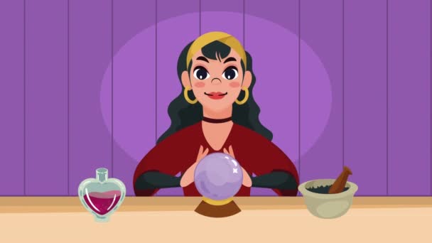 Feiticeira Feminina Com Bola Cristal Animação Poção Vídeo Animado — Vídeo de Stock