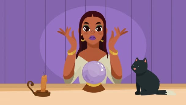 Feminino Feiticeira Com Bola Cristal Animação Vídeo Animado — Vídeo de Stock