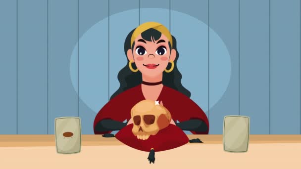 Weibliche Zauberin Mit Totenkopf Animation Video Animiert — Stockvideo