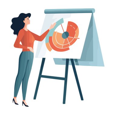 Ayakta duran iş kadını, diyagram simgesi ile başarı öğretiyor