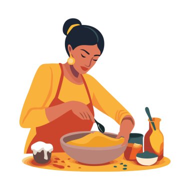 Neşeli aşçı yemek pişiriyor, kase ikonunu izole ediyor.