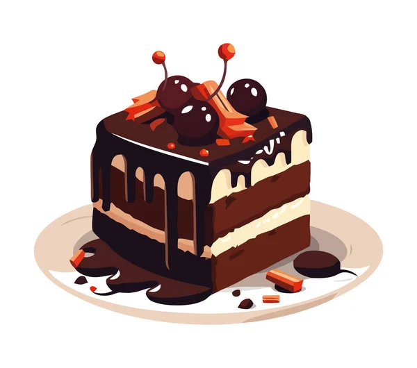 Сладкий Кусок Пирога Шоколадом Клубничной Иконой Изолирован — стоковый вектор