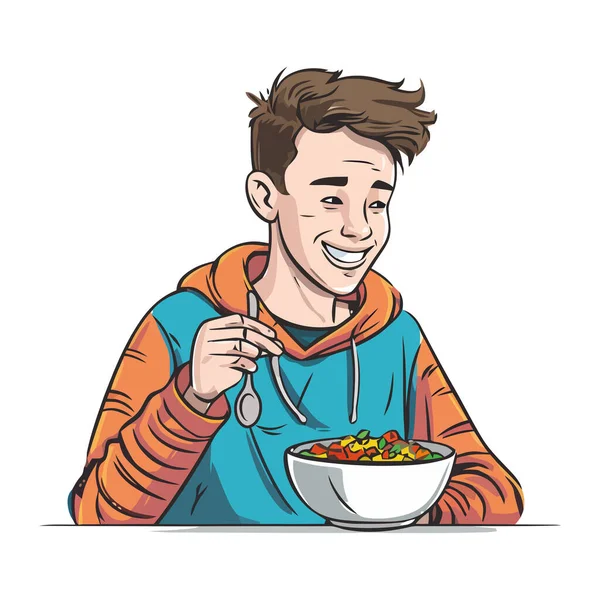 Ein Fröhlicher Junge Isst Eine Gesunde Mahlzeit — Stockvektor