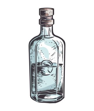 İçi temiz viski dolu şeffaf cam şişe izole edilmiş.