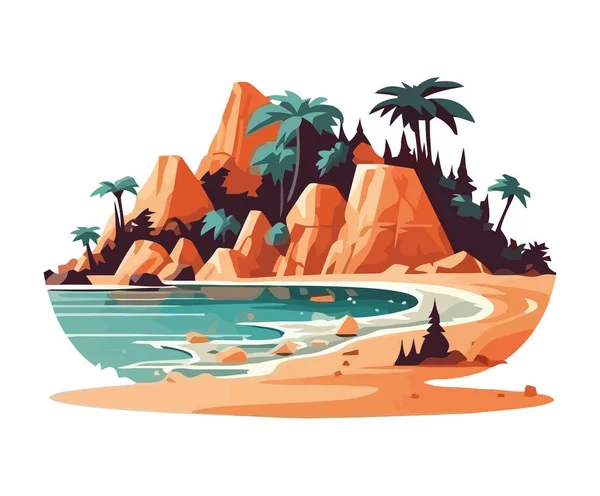Tropischer Sonnenuntergang Palmen Wellen Und Sandsymbol Isoliert — Stockvektor